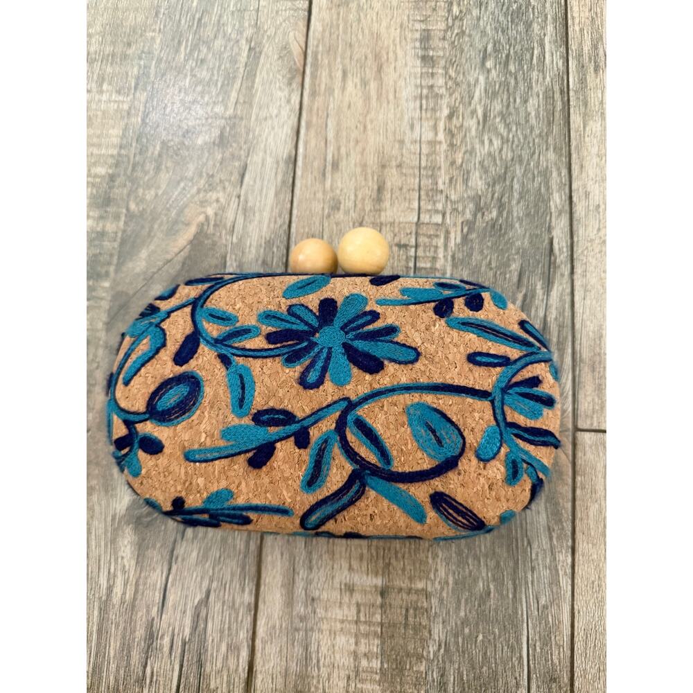 Vintage Cork Clutch Bag Tan Blue Floral Embroidered Kiss Lock Chain Strap - Picture 8 of 8